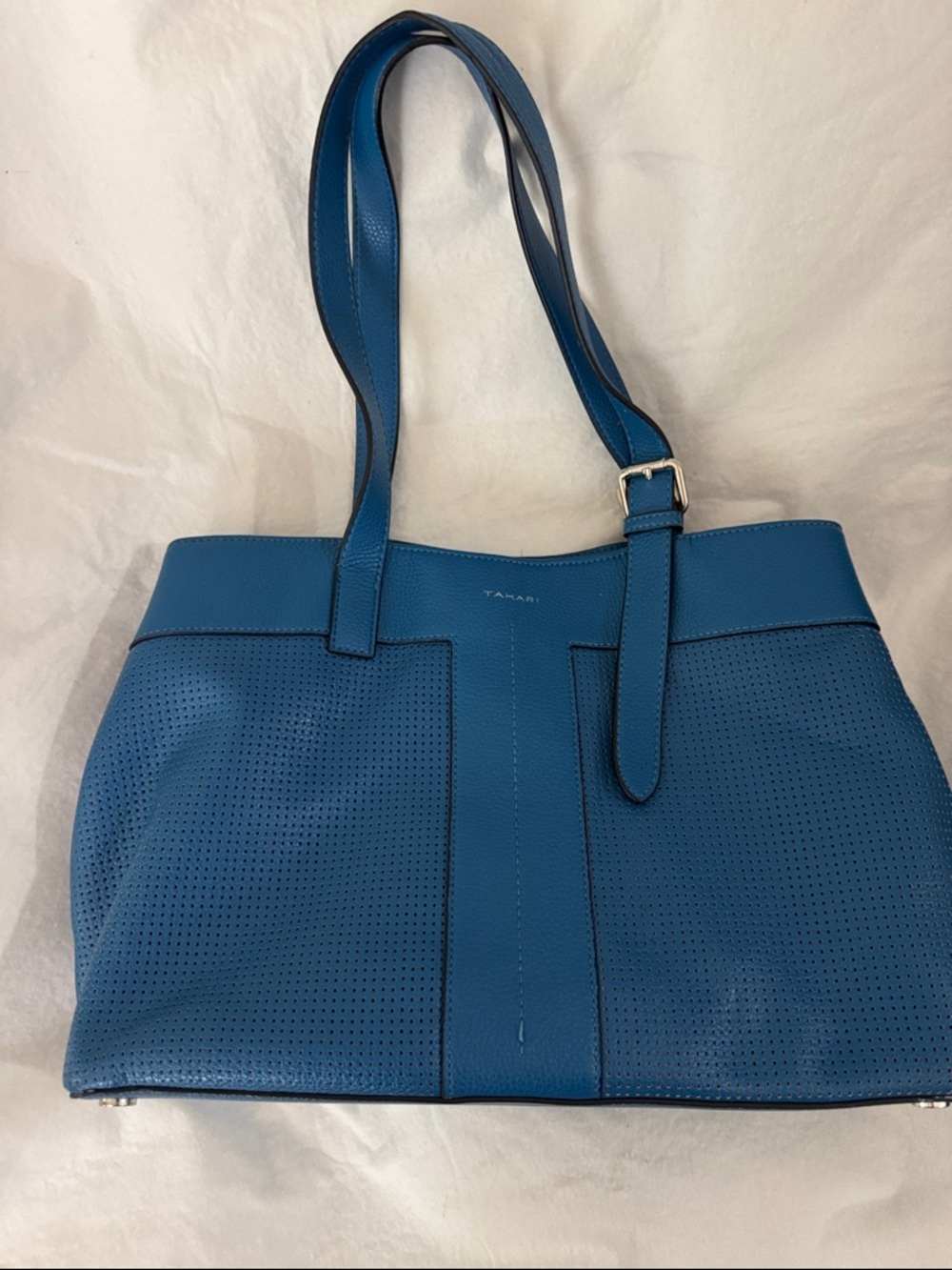 Tahari Teal-Blue Perforated Leather Tote